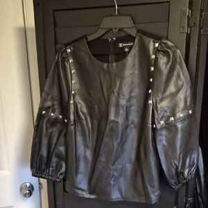 INC International Concepts Black Faux Leather Stud-Trim Pullover Jacket